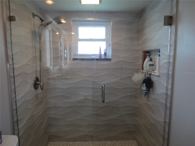 bathroom with a shower with shower door