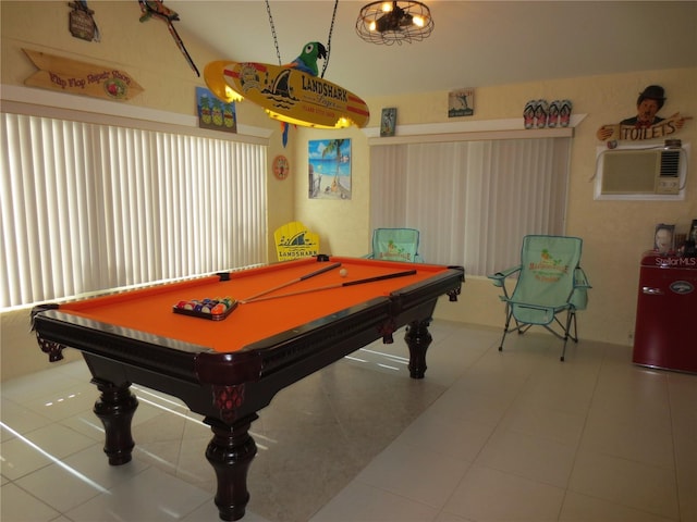 playroom with tile patterned floors, billiards, and a wall mounted AC