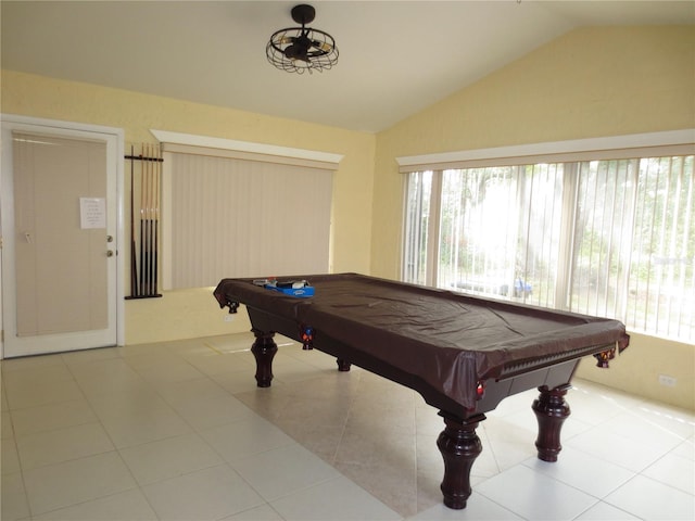 recreation room with light tile patterned flooring, lofted ceiling, and pool table