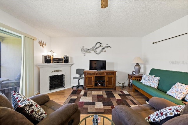 living room with wood-type flooring and a textured ceiling