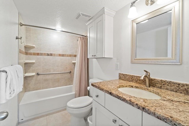 full bathroom with a textured ceiling, shower / bathtub combination with curtain, toilet, vanity, and tile patterned floors