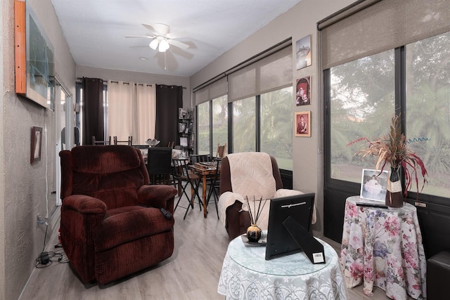 living area with ceiling fan and light wood-type flooring