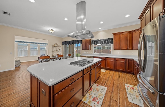 kitchen featuring light wood-type flooring, island range hood, stainless steel appliances, and plenty of natural light