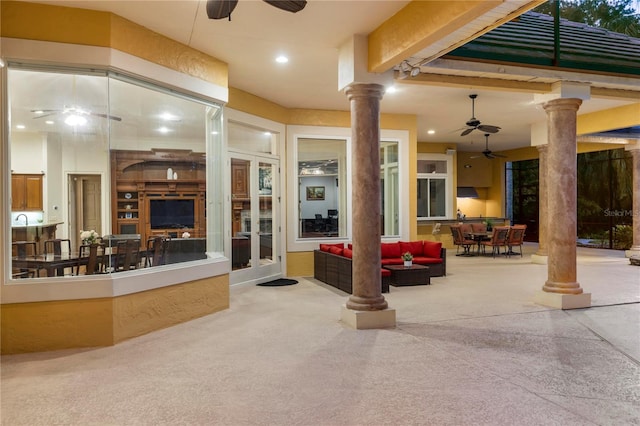 view of patio / terrace with ceiling fan, outdoor lounge area, and french doors