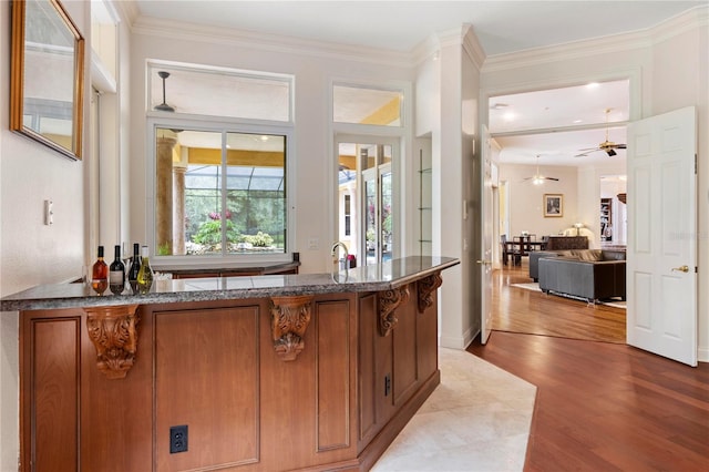 bar with ceiling fan, crown molding, and light hardwood / wood-style floors