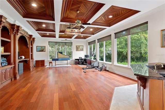 workout room with light hardwood / wood-style flooring, ceiling fan, and a wealth of natural light