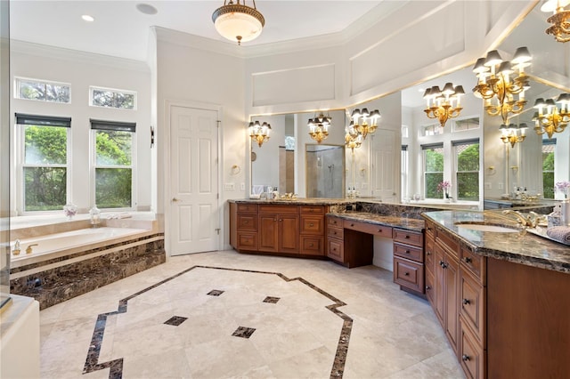 bathroom with ornamental molding, vanity, separate shower and tub, and a wealth of natural light