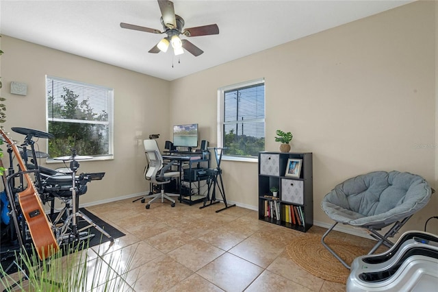 tiled office space with ceiling fan