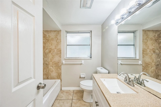 full bathroom featuring tiled shower / bath combo, vanity, toilet, and tile patterned floors