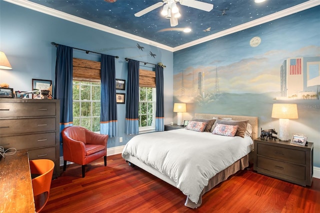 bedroom with ceiling fan, dark hardwood / wood-style floors, and crown molding