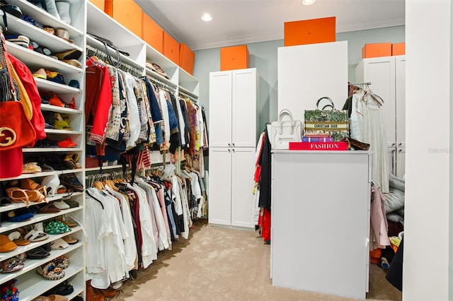 walk in closet with light carpet