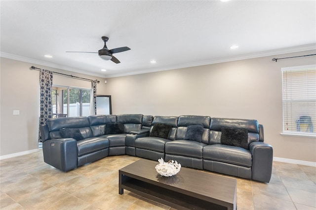 living room with ceiling fan, light tile patterned flooring, and ornamental molding