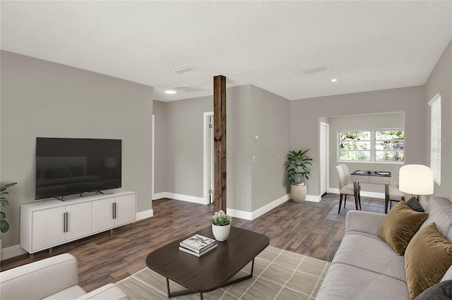 living room with dark wood-type flooring