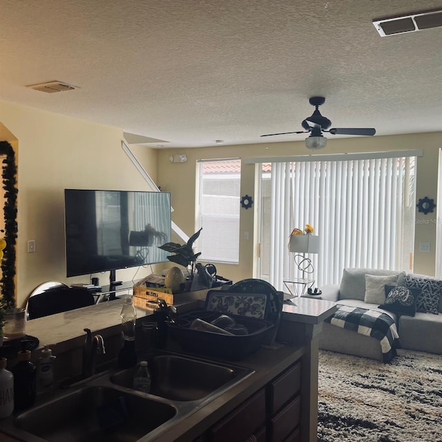 living room featuring a textured ceiling, ceiling fan, and sink