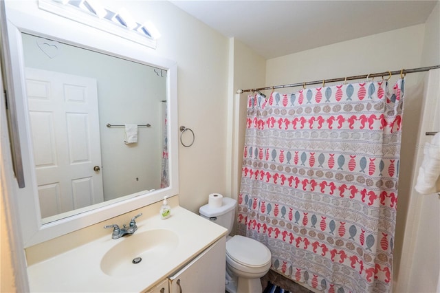 bathroom featuring vanity, a shower with shower curtain, and toilet