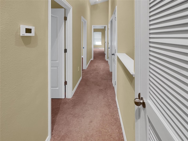 hallway featuring light colored carpet