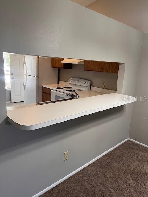 kitchen featuring ventilation hood, white appliances, carpet flooring, and kitchen peninsula