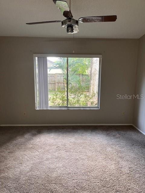 unfurnished room with ceiling fan and carpet flooring