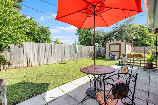 view of yard featuring a storage unit and a patio