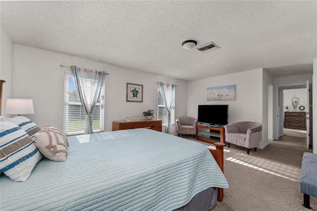 carpeted bedroom with multiple windows and a textured ceiling