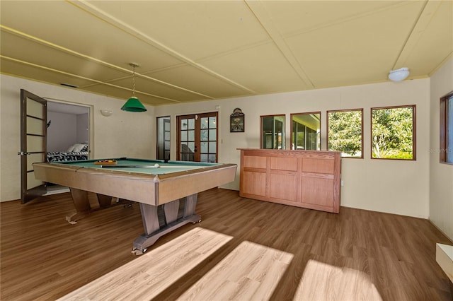 playroom featuring french doors, billiards, and hardwood / wood-style floors