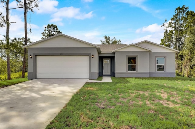 ranch-style house featuring a garage and a front yard