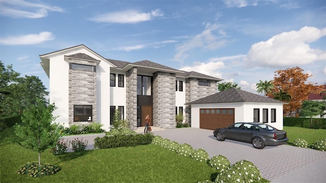 view of front facade with a front yard and a garage