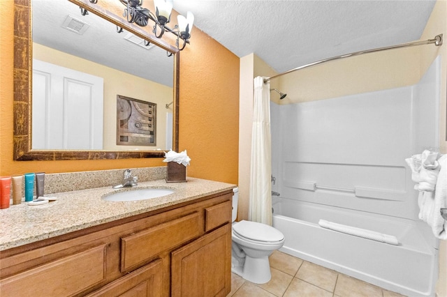 full bathroom with vanity, shower / bath combination with curtain, a textured ceiling, tile patterned flooring, and toilet