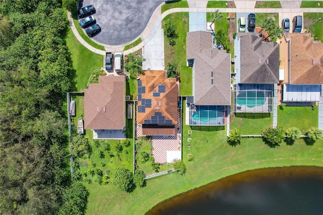 aerial view featuring a water view