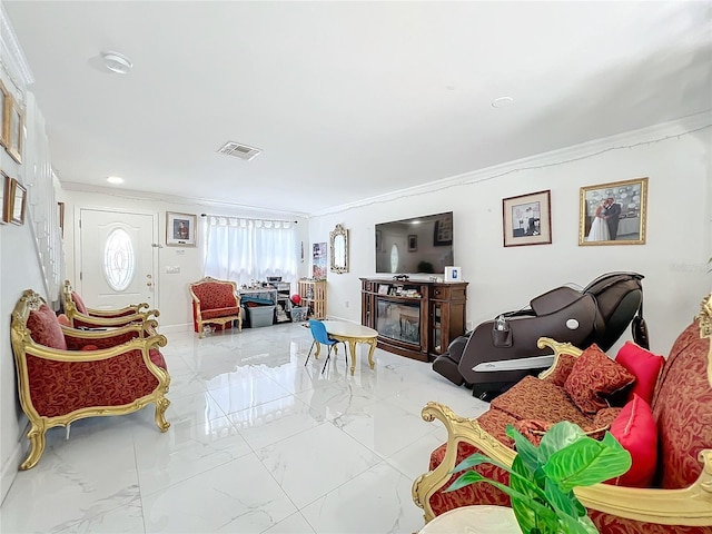 living room featuring a fireplace and ornamental molding