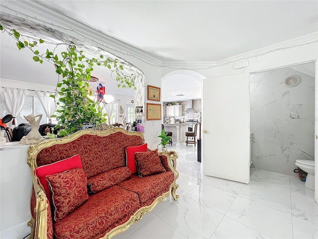 living room with crown molding