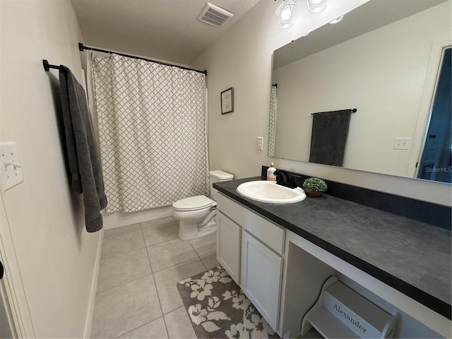 full bathroom with shower / bath combination with curtain, toilet, vanity, and tile patterned flooring