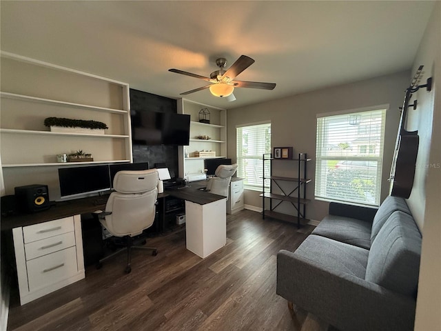 2346 Upland Ln, Apopka, FL 32712 - office featuring built in desk, dark wood-style floors, a ceiling fan, baseboards, and built in shelves