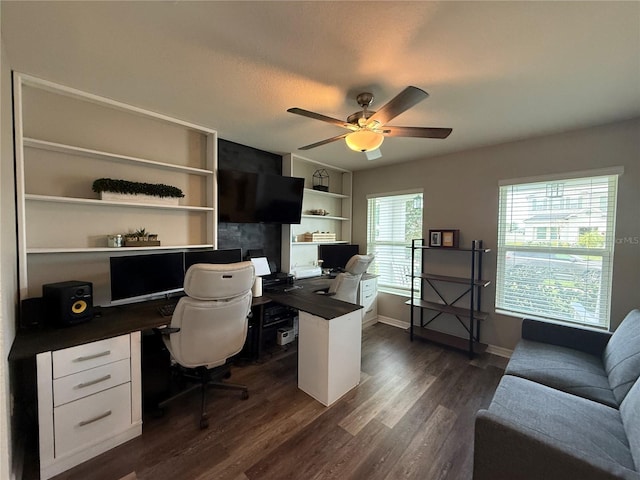 2346 Upland Ln, Apopka, FL 32712 - office area featuring a ceiling fan, dark wood-style floors, baseboards, built in shelves, and built in study area