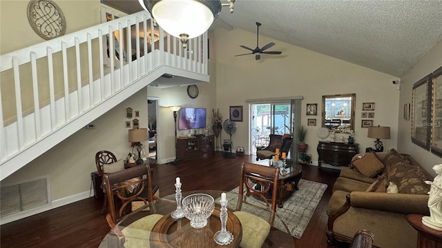 living room featuring wood-type flooring, a textured ceiling, high vaulted ceiling, and ceiling fan