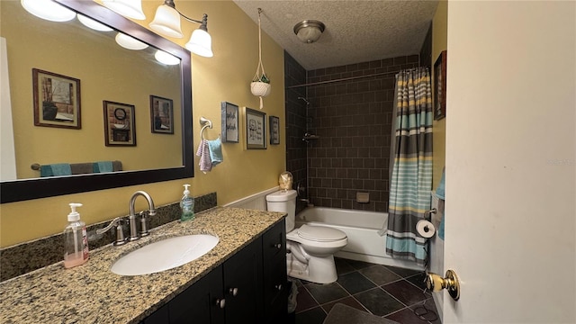 full bathroom featuring shower / bath combination with curtain, a textured ceiling, tile patterned floors, vanity, and toilet