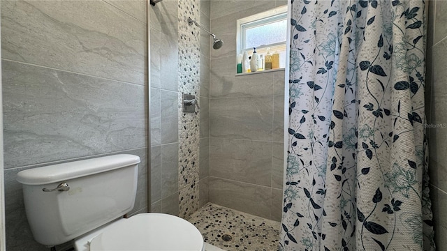 bathroom featuring a shower with curtain, tile walls, and toilet