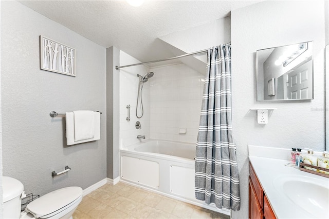 full bathroom with shower / bathtub combination with curtain, a textured ceiling, vanity, and toilet