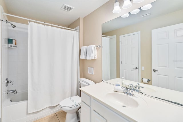 full bathroom featuring shower / bathtub combination with curtain, tile patterned flooring, vanity, and toilet