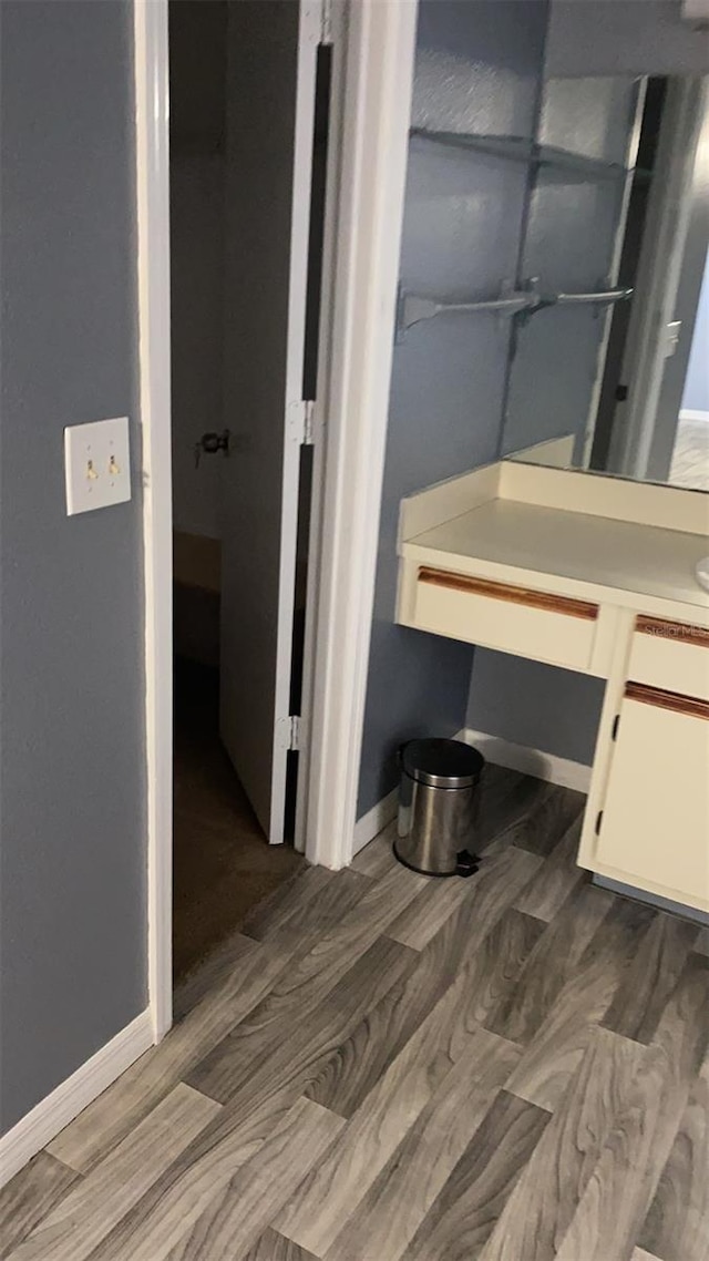 bathroom featuring vanity and wood-type flooring