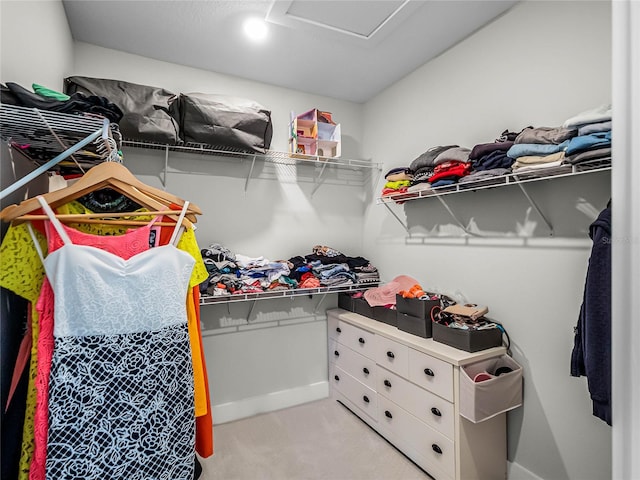 spacious closet featuring light colored carpet