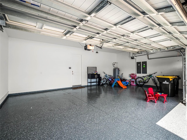 garage with electric panel, electric water heater, and a garage door opener