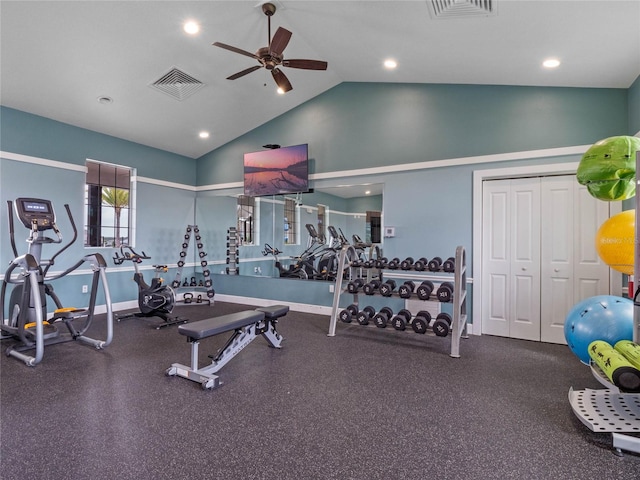 exercise room featuring ceiling fan and vaulted ceiling