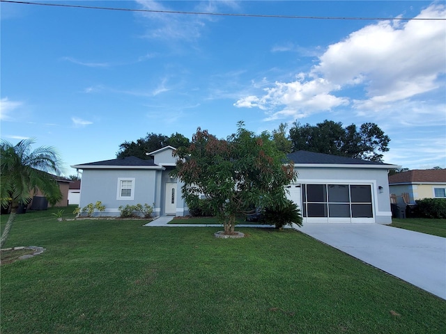 ranch-style home with a front yard and a garage