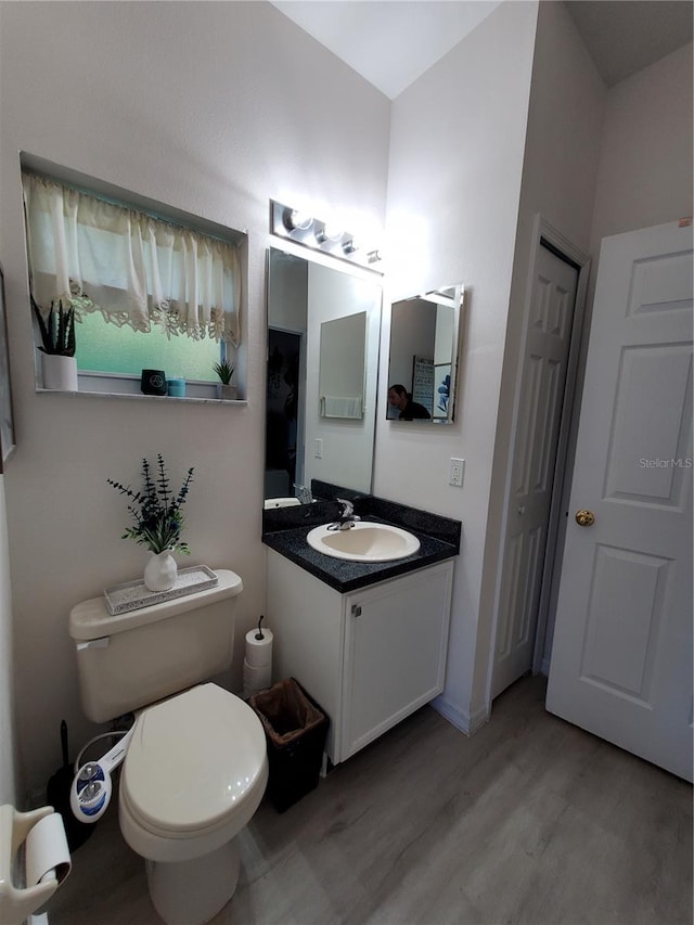 bathroom with wood-type flooring, vanity, and toilet