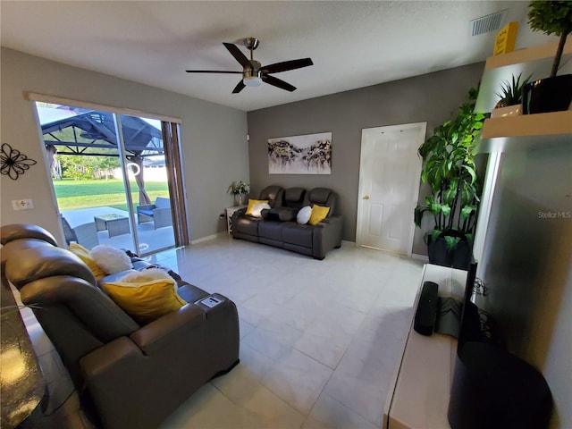 living room featuring ceiling fan