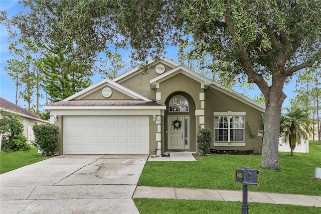 ranch-style home with a front lawn and a garage