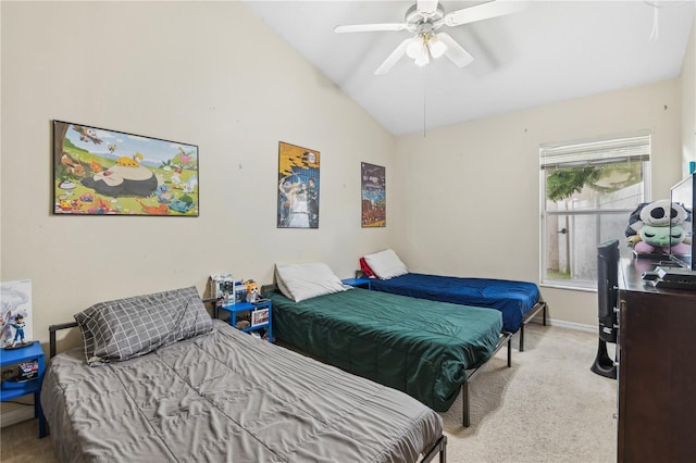 bedroom featuring ceiling fan, light carpet, and lofted ceiling