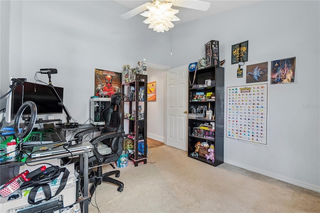 office with carpet floors and ceiling fan