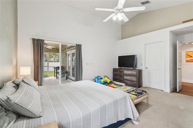 bedroom featuring light carpet, access to outside, high vaulted ceiling, and ceiling fan